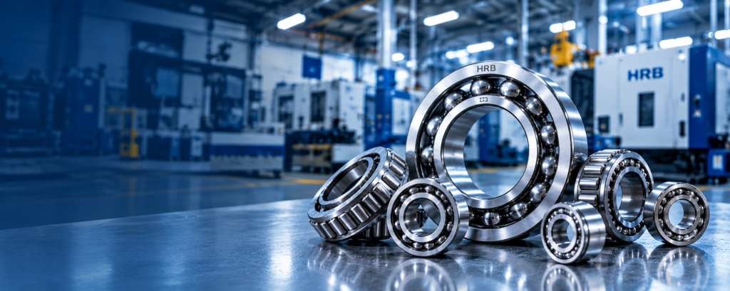 Industrial ball and roller bearings displayed in a modern manufacturing facility, representing HRB Bearing Group's precision bearing solutions.